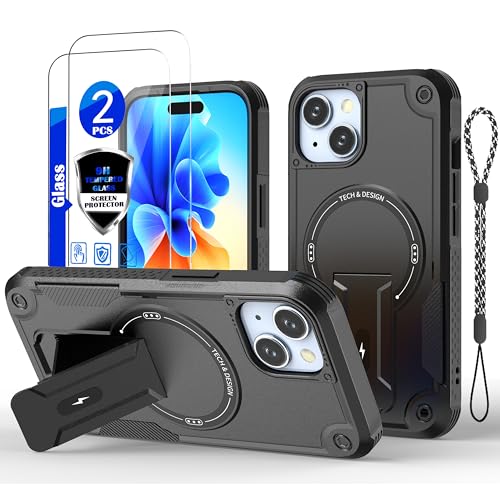 for iPhone 15 case[Compatible with MagSafe][with (2 Pack) Tempered Glass Screen Protector][Built in Invisible Stand]Not Fadingmilitary-grade Shockproof Protective Phone Cover 6.1-inch(Black)