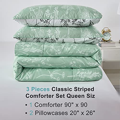 Lunoroey Green Comforter Set Queen Reversible Teal Green Floral Plant Flowers Printed All Season Bedding Set Soft Microfiber Down Alternative Comforter With 2 Pillowcases #TOP6