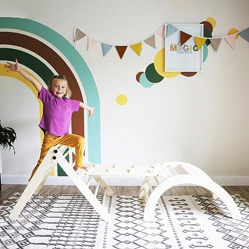 Image of Wooden Climbing Toy for Kids Set - 4 in 1 Triangle Set with Ramp and Arch Climber, Toddlers Foldable Ladder, Safe and Sturdy for Rocking Arch, Climbing Ramp, Climbing Arch, Slide, and Climb Triangle