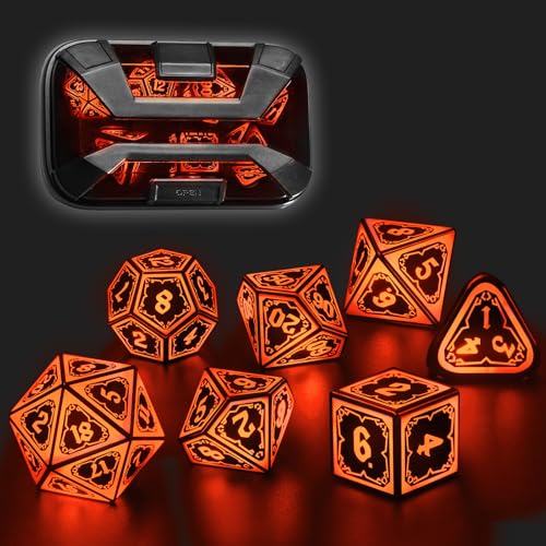 FONVGOGO Dés JDR Dés Jeu de Role pour Donjon et Dragon, Set de des JDR 7 Pièces Lumineux sans Fil Rechargeables avec Boîtier de Chargement Polyédriques DND Dice Set (Éclat Astral Orange)