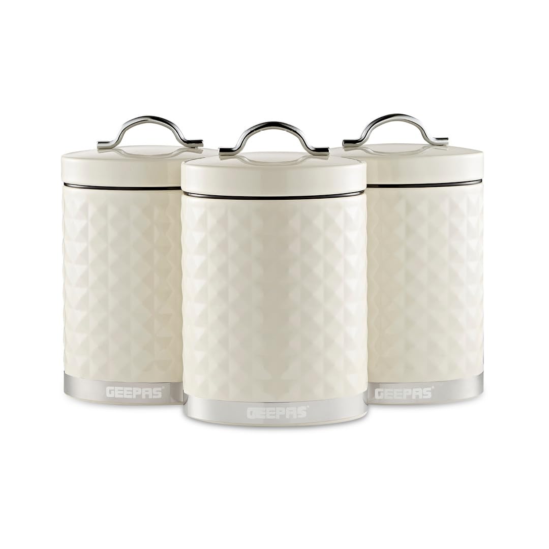 GEEPAS 3-Piece Tea Coffee Sugar Canisters Set - Cream - Carbon Steel - 1.3L Capacity