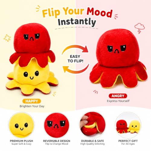 Image of Reversible Octopus Plush Toy 18 cm | Flip Mood Soft Toy | Double-Sided Happy & Angry Expression | Super Soft Stuffed Animal Plushie | Cute Kids Gift, Stress Relief Toy, Home Decor (Red - Yellow)