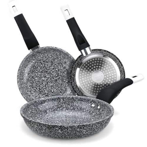 EliteHoff Juego de 3 sartenes de inducción (16/18/20 cm), aluminio fundido con revestimiento antiadherente y mango de silicona, juego de sartenes para todo tipo de fuegos, color gris (3 piezas, E-7551