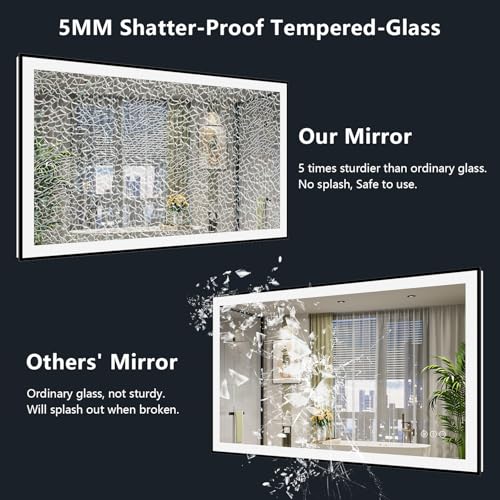Image of 40x36 Inch LED Bathroom Mirror with Lights (Front Lit and Backlit) Black Framed Lighted Vanity Mirror for Bathroom Wall Dimmable Anti-Fog Memory Tempered Glass Horizontal /Vertical