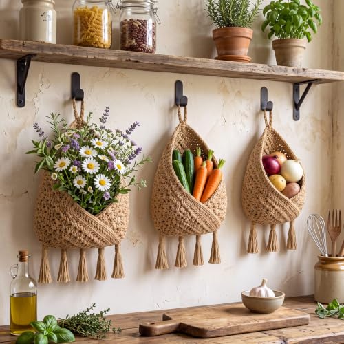 Image of Honeydak 3 Hanging Baskets, Light Linen, Triangular Tassel, Jute
