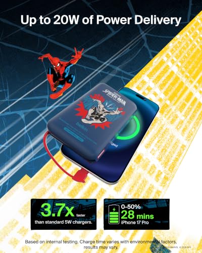 Image of Belkin Disney Spiderman Power Bank, BoostCharge Portable Charger with Integrated Cable 10K PD 20W - Fast Charge USB-C Power Delivery, Portable iPhone Charger for iPhone 17, iPad Pro, Galaxy S26