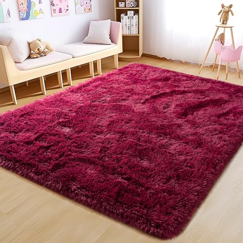 4x6 Rug - Non-Slip Rugs for Living Room - Height Pile 1.4" Plush Rug - Fluffy Throw Carpet for Bedroom - Burgundy