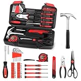 39-Piece Household Tool Set with Toolbox Storage Case - All Purpose Small Hand Tool Kit Includes Essential Tools for Home, Office, College Repairs, Red