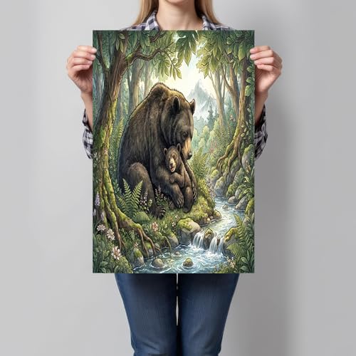 Impression sur toile ours brun deco vert sauge pour chambre