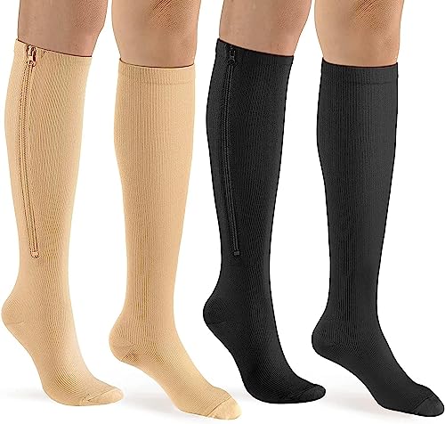 Image of bropite Zipper Compression Socks Women & Men|15-20mmHg closed Toe knee high | 2Pairs Calf Knee High 15-20mmHg closed Toe Compression Stocking suit for Walking Recovery, Pregnant, Nurse