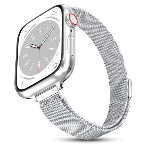 Image of Compatible with Apple Watch Band, Stainless Steel Slim & Thin Mesh Magnetic Clasp Strap Women&Girl Replacement Band for iWatch Series Ultra SE 8 7 6 5 4 3 2 1 (42mm /44mm /45mm /49mm, Silver)