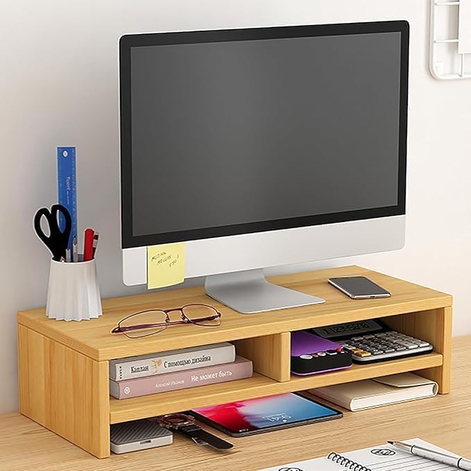 Image of Wooden Monitor Stand Riser with Storage Compartment and Lockable Storage Drawer Stand | Adjustable Desktop Organizer for Computer, Flax, Laptop & Printer (Monitor Stand (wood) 3 Box)