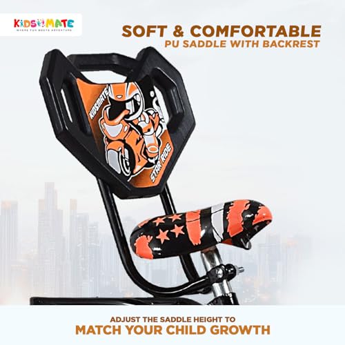 Image of Kidsmate Star Ride 14T Kids Bicycle with Training Wheels | Cycle for Kids Featuring Front Basket, Adjustable Seat & Strong Steel Frame | Perfect First Ride Kids Cycle for 2-5 Years - Neon Orange