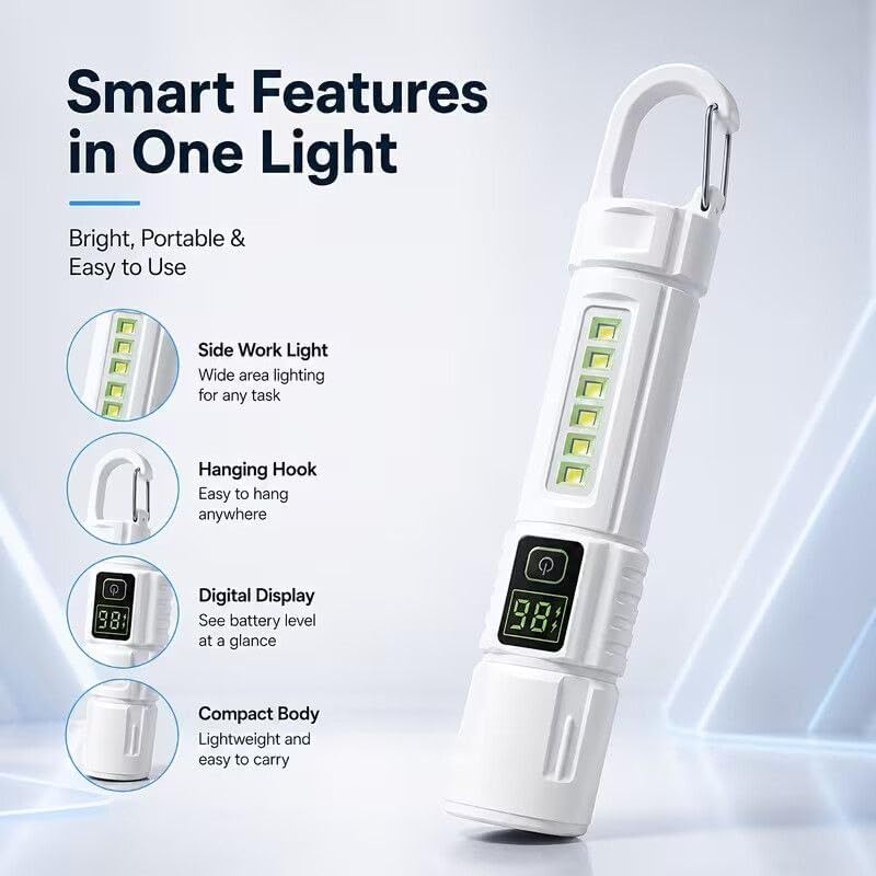 Image of TRENDING Rechargeable LED Flashlight with Side COB Work Light, Digital Battery Display, High /Low Beam, Flash & Red Blue Emergency Strobe, Hanging Hook Torch for Camping, Hiking, Car Repair (White)