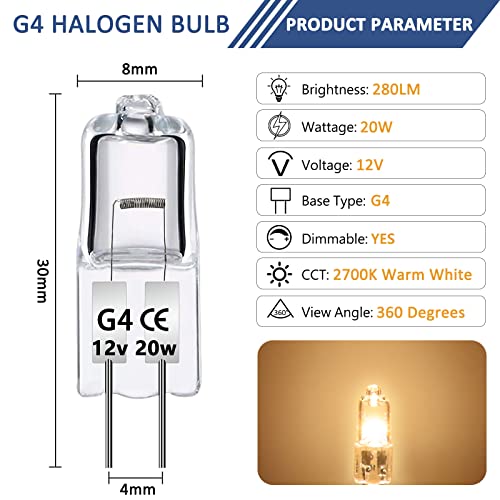 Paquet de 12 Ampoules Halognes G4 12V 20W, Intensité Variable, Blanc Chaud 2700K, 280LM, Lampe Halogène Basse Tension G4, Capsule Transparente, Pour Lustre, Placards, Plafonniers