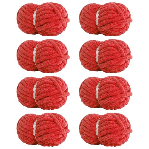 HouseABC Chunky Yarn for Hand Knitting Soft Jumbo Bulky Fluffy Chenille Yarn for Crocheting Blanket Scarf DIY 8 Pack (Red 28yds 8 Ounces Each)