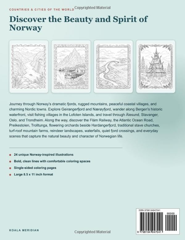 Norway Coloring Book: 24 Beautiful Scenes of Fjords, Mountains, Coastal Villages & Norwegian Life (Countries & Cities of the World) image 3