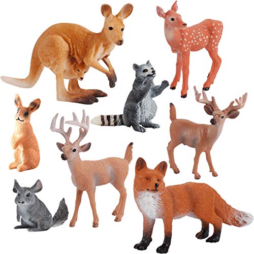 Woodland Animals Figurines Toys Cake Toppers, 8PCS Realistic Plastic Wild Forest Animals Figures with Deer, Raccoon, Rabbit, Kangaroo Figurines Playsets for Kids Children Toddlers