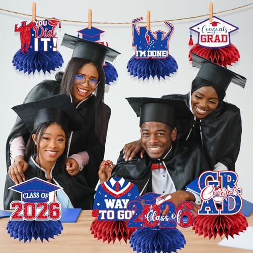 Image of 12pcs Graduation Table Decorations,Red and Blue Graduation Decorations 2026 Graduation Centerpieces for Tables,Class of 2026 Centerpieces Honeycomb for Congrats Grad Table Decor