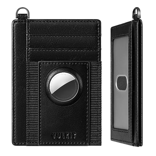 VULKIT Cartera AirTag Delgada con Soporte AirTag, Cartera con Bloqueo RFID de Cuero Tarjetero Cartera Inteligente Airtag Minimalista con Llavero