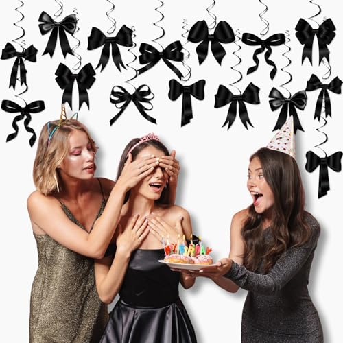 Image of Clabby Black Bow Birthday Decorations Black Coquette Hanging Swirls Garland Banner Bow Party Decorations Ribbon Paper Cutouts for Girls Baby Shower Bridal Shower Wedding Bachelorette Party Supplies