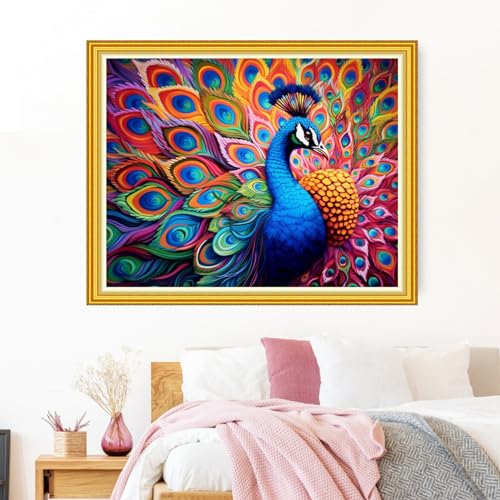 Image of Funxvoot Stamped Cross Stitch Kits Beginners Full Range of Embroidery Kits for Adults 11CT Embroidery Patterns Needlepoint Kits Printed Cross Stitch Kits-Colorful Peacock 16x20 inch