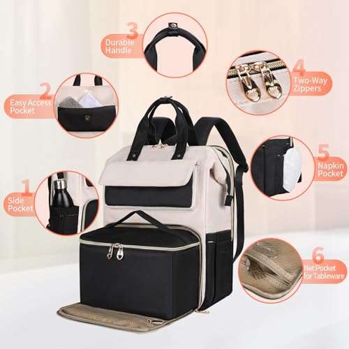 Image of BERTASCHE Lunch Backpack for Women, 15.6 Inch Laptop Backpack with Insulated Cooler Lunch box, Work Backpack for Teacher Nurse Travel College Picnic, Black-Beige