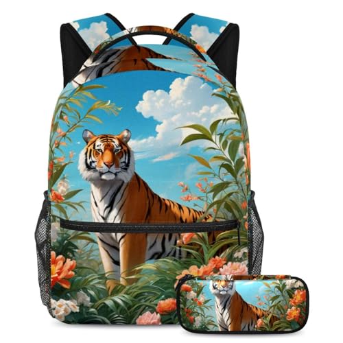 Sac à dos tigre et fleur avec trousse assortie ensemble de 2 pièces multicolore pour enfants