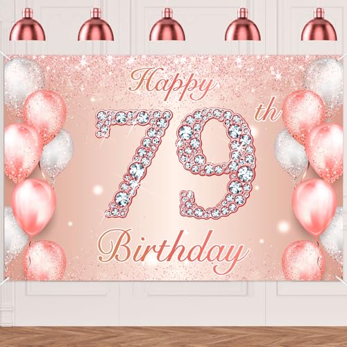 Image of Happy 79th Birthday Rose Gold Banner Cheers to 79 Years Old Backdrop Confetti Balloons Theme Decor for Women 79 Years Old Pink Birthday Party Decorations Bday Supplies Background Favors Gift Glitter
