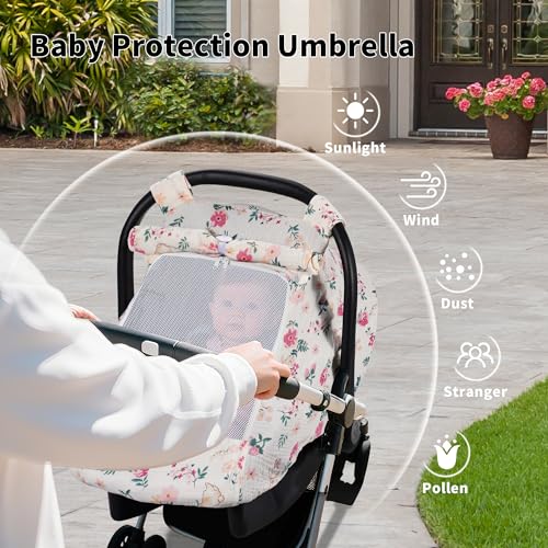 Image of Rquite Car Seat Cover Baby, Carseat Covers Girl Boy, Breathable Muslin Cotton, Large Mesh Window, Infant Car Seat Canopy Baby Carrier Cover Stroller Sun Shade for Summer & Hot Day