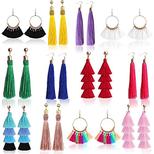 Outee 12 Pairs Tassel Earrings for Women Fashion Bohemian Earrings Colorful Layered Long Thread Ball Dangly Earrings Tiered Drop Earrings Jewelry Valentine Birthday Party Gifts