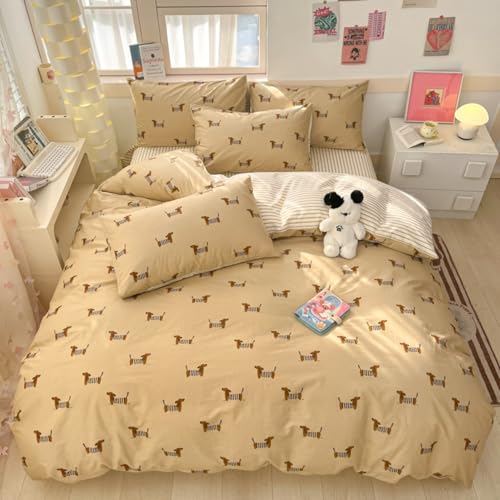 Sedefen Bettwäsche 135x200cm Kinder Dackel Beige Bettwäsche Set 2 Teilig Wursthund Streifen Wendebettwäsche Microfaser ÖKO-TEX Bettbezug mit Reißverschluss und 1 Kissenbezug 80x80cm