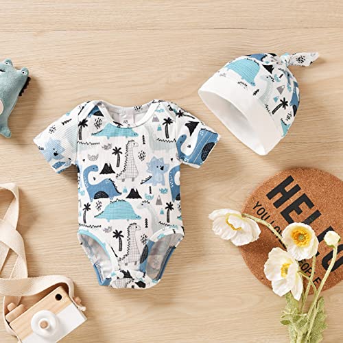 HINTINA Preemie Newborn Infant Baby Boys Outfits Dinosaur Bodysuit Romper Short Pants Hats 3Pcs Summer Clothes Set2