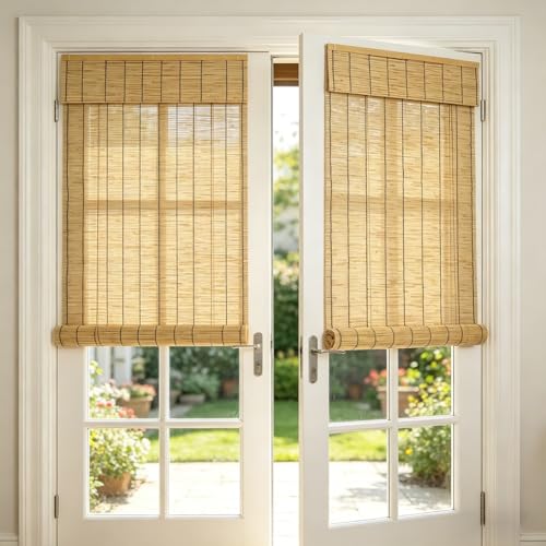 Persianas romanas para ventanas interiores Persianas de caña tejidas naturales, persianas de bambú con filtro de luz para ventanas, hogar, patio, porche, casa de campo (negro, A: 1,3 x h:2 m)