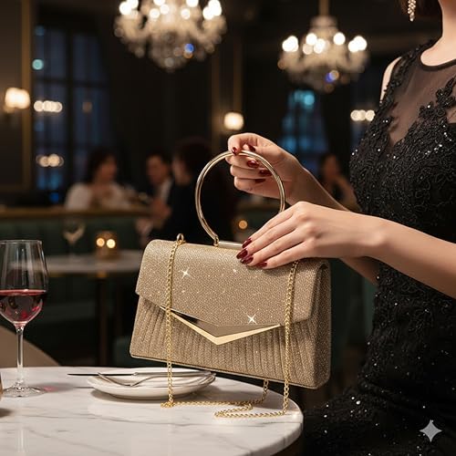 Image of FWQPRA Women' Sparkling Glitter Evening Clutch Purse with Detachable Chain Strap - Closure Party Handbag Suitable for Weddings, Proms, Night Out - Luxury Glam Handbag