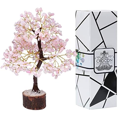 Crocon Rose Quartz Gemstone Tree Feng Shui Figurine Money Bonsai Good Luck Chakra Balancing Reiki Healing Crystals Decoration Ornament Sculpture Prosperity Table Decor Gift Size 10-12" Cover
