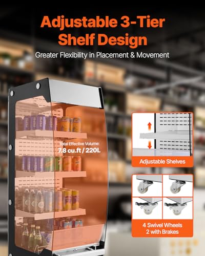 Image of VEVOR Open Air Merchandiser, 3-Tier Shelving Commercial Refrigerator, Grab and Go Display Cooler Refrigerator with Air Curtain, 4 Swivel Wheels, LED Light, for Restaurants, Stores, Office, 7.8cu.ft.