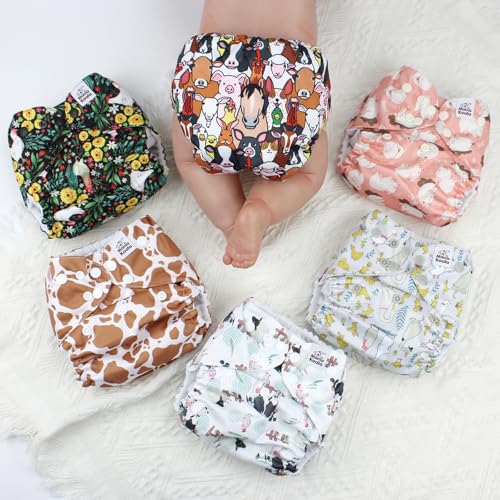 Mama Koala 3.0 Cloth Diapers for Babies with AWJ Lining, 6 Pack with 6 5-Layer Natural Cloth Diaper Inserts - Reusable and Washable Pocket Diapers(A-The Farm Story)