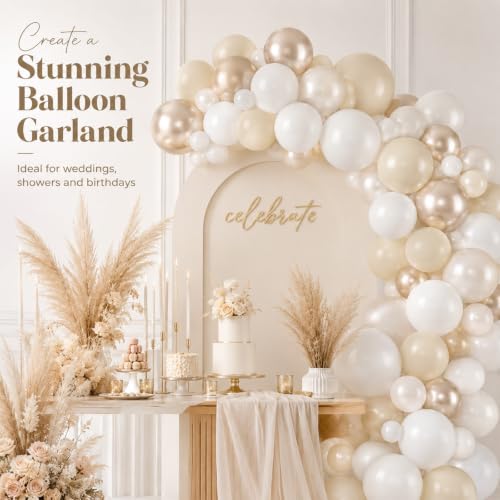Image of Beige White Pearl Balloons, 50PCS Nude Metallic Champagne Gold Cream White Double Stuffed Balloon Neutral Ballons for Birthday Boho Wedding Anniversary Engagement Party Decoration