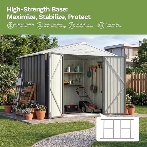 Image of Devoko 8 x 6 FT Storage Sheds with Floor Frame, Waterproof Garden Tool Shed with Lockable Door, Outdoor Metal Utility Shed for Backyard Patio Lawn, Gray