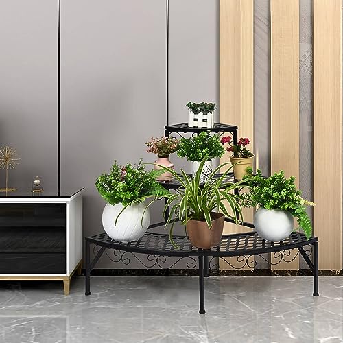 3-Tier Metal Plant Stand, Indoor Outdoor Ladder Flower Pot Rack Holder with Curved Leaves Pattern, Quarter Round Plant Corner Shelf Display Holder for Garden Patio Backyard Balcony