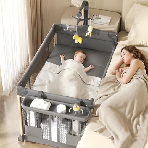 Image of Trimigo 4-in-1 Pack and Play with Bassinet, Bedside Sleeper, Playard, and Changing Table, Folding Travel Crib with Musical Toy Rack & Bag, 4-Level Height Adjust, Newborn to Toddler(Ivy Gray)
