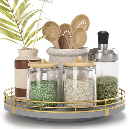 Image of 9 inch Wooden Lazy Susan Turntable for Cabinet - Rotating Spice Rack Organizer, Small Gray Kitchen Countertop Tray for Dining Table & Pantry Storage