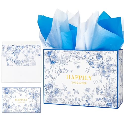 Crisky 13" Embossed Wedding Gift Bag with Pearl Handles, Large Bridal Shower Gift Bag with Greeting Card Tissue Paper Envelopes (Happily Ever After) for Bride, Women, Friends Engagement Party
