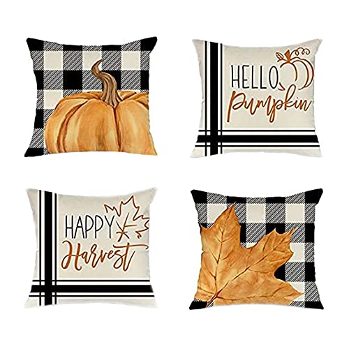 NZXVSE Lot de 4 housses de coussin d'automne, 45 x 45 cm, motif citrouille, noir et blanc, motif à carreaux de buffle pour Thanksgiving, la maison, la chambre, le canapé, la décoration de vacances Cover
