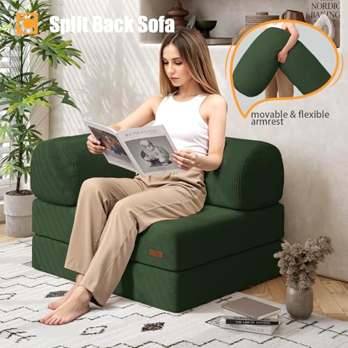 COMAX Folding Sofa Bed, Fold Out Chair Bed, Foldable Sofa, Convertible Sleeper for Adults, Futon Chair Single Small Floor Couch for Spaces, Bedroom Living Room Guest Room, Green
