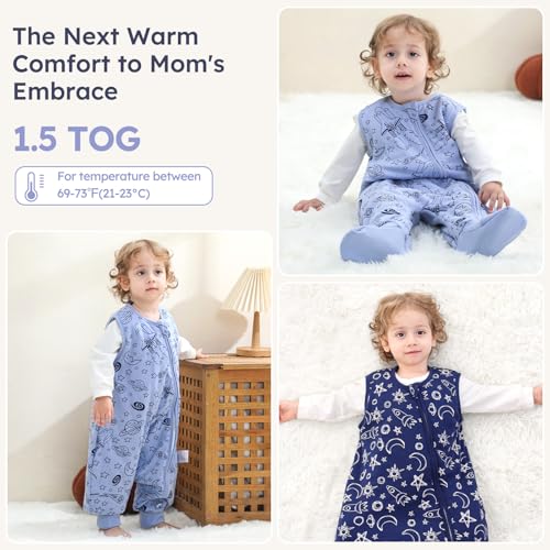 Unnivoll Baby Schlafsack mit Füßen 1,5 Tog 2er Pack Schlafsack Baby Baumwolle Ganzjahre Schlafsack mit Beinen Babyschlafsack Weich 80 cm für Jungen Mädchen Blauer Raum