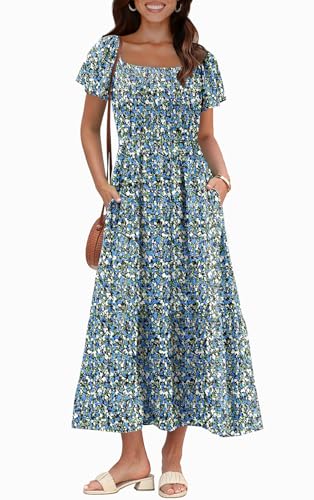 Image of OFEEFAN Summer Dresses for Women Square Neck Ruffle Sleeve Smocked Maxi Dress with Pockets