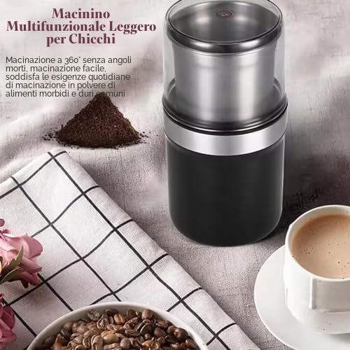 Macinacaffè Elettrico, Macina Noci Multifunzione con Doppie Tazze e Motore Potente da 200 W, Macina Spezie Elettrico per Chicchi di caffè da Cucina, Spezie, Erbe, Noci, Grani, Semi