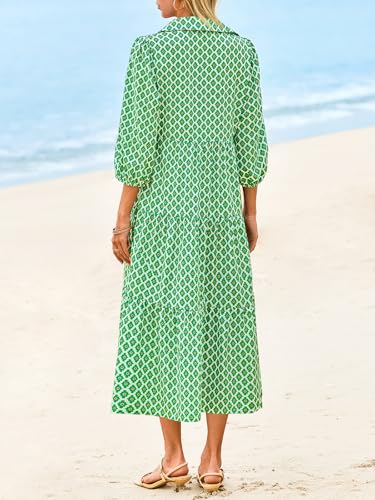 Image of Wenrine Womens Casual 3 /4 Sleeve Shirt Dress Button Down V Neck Tiered Collared Flowy Maxi Dress
